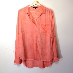 Velvet Heart Coral HIgh-low Long Sleeve Button Up